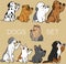 Set of outlined cute and simple dogs sitting and waving