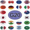 Set oval stickers flags of the G20, countries of the big twenty