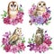 Set of owl on an isolated white background. Watercolor illustration, poster with an Flowers and owl