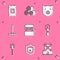 Set Pack full of seeds of plant, Roll hay, Pig, Garden rake, Well, Shovel, and Shield with pig icon. Vector