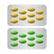 Set of Package of pills. Group of realistic yellow green pharmaceutical drugs.