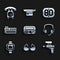 Set Pager, Glasses, Ray gun, Headphones, Wrist watch, Music synthesizer, 80s Retro and Telephone handset icon. Vector