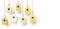 A set of painted birdhouses are suspended on a rope. Birdhouses with yellow and white patterns isolated on a white background with