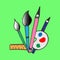 Set of painting tools illustration on green background. brush, pencil, pallete, and ruler icon. hand drawn vector. doodle art for