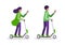 Set of a pair of people riding kick scooters. Man and woman looking at the phone for navigation. Boy and a girl on lime green