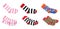 Set with pairs of colorful striped socks on white background, top view. Banner design