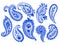 Set of paisley eastern outline flower and feather mandala folk henna tattoo blue indigo elements on white background hand