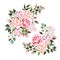 Set of pale pink rose wedding flowers bouquets arrangements with green leaves