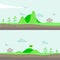 Set of panorama natural landscape with hills, garden and house village. Vector illustration in flat style.