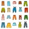 Set of pants, color collection of cartoon trousers and overalls