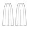 Set of Pants gaucho technical fashion illustration with low normal waist, high rise, single pleat, ankle cropped length