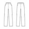Set of Pants straight technical fashion illustration with flat front, low normal waist, high rise, full length, pockets