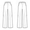 Set of Pants tailored technical fashion illustration with extended normal low waist, high rise, full length. Flat casual