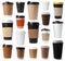 Set with paper coffee cups with lids on white background