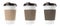 Set with paper coffee cups with lids on white background. Banner design