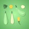 Set of paper cut zucchini. Origami squash whole, a piece, slice. Collection of vegetable marrow leaf and flower. Vector