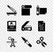 Set Paper cutter, Roll of paper, roll printing press, Pipette, Scissors, Photo album gallery and Scanner icon. Vector