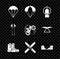 Set Parachute, Aqualung, Boots, Ski and sticks, Skate park, poles and Bicycle trick icon. Vector