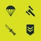 Set Parachute, Chevron, Military knife and Rocket icon. Vector