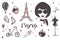 Set of Paris and France elements - stylish Parisian woman, perfume, french croissant, Eiffel Tower, glass of champagne