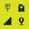 Set Parking, Location key, Staircase and Search house icon. Vector