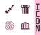 Set Parthenon, Olive and cheese chopstick, Minotaur labyrinth and Ancient column icon. Vector