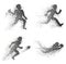 Set of particle divergent silhouettes of american football players.