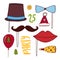 Set of party photo booth props vector elements. Moustache, bow, hat, lips, champagne and ball.