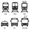 Set of passenger transport vector icons: Train, metro, bus, trolleybus, taxi. Black symbols isolated on white. Signs for public