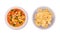 Set of pasta dishes. Top view of soup with vegetables and chifferi rigati or gomiti pasta vector illustration