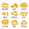 Set pasta. Farfalle, conchiglie, maccheroni, fusilli, penne, pipe rigate, spaghetti, ruote, fettuccine