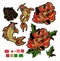 Set of patches with embroidery of Japanese koi carp and peony. .