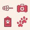 Set Paw print, Dog muzzle, Pet first aid kit and Clipboard with medical clinical record pet icon. Vector