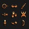 Set Paw print, Hunting horn, Bow, Bear skin, Torch flame, Sniper optical sight, Shotgun and Trap hunting icon. Vector
