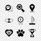 Set Paw print, Veterinary clinic, Cat nose, Heart with dog, Pet award, and Dog symbol icon. Vector