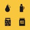 Set Pear, Jam jar, Pickled cucumbers in and Thermos container icon with long shadow. Vector