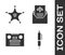 Set Pen, Hexagram sheriff, Retro audio cassette tape and Subpoena icon. Vector