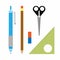 Set of pen, pencil, eraser, triangular ruler, scissors. Vector illustration.