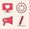 Set Pencil with eraser, Like and heart, Power button and Megaphone icon. Vector