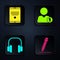 Set Pencil with eraser, Tablet, Headphones and Add to friend. Black square button. Vector