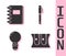 Set Pencil sharpener, Spiral notebook, Light bulb and Pen icon. Vector