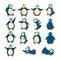 Set of penguins in different poses. One character on the move. Northern bird, childish cute character. Vector flat