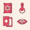 Set Pentagram, Ancient magic book, Bottle with love potion and Playing cards icon. Vector