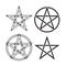 Set of pentagram or pentalpha or pentangle. Hand drawn dot work ancient pagan symbol of five-pointed star isolated vector illustra