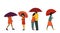 Set of people in autumn clothes with umbrellas in their hands