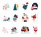 Set of People Characters Holiday scenes, Winter sports, Snowboarding, Skiing, Outdoor Activities. Santa Claus