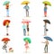 Set of people with colorful umbrellas. Smiling man and woman walking under umbrella colorful characters vector