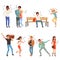 Set with people listening music. Young guys and girls with headphones, smartphones, record player. Flat vector design
