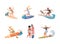 Set of people in swimwear surfing in sea or ocean. Happy surfers in swimwear riding surfboards vector illustration