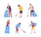 Set of people volunteers collecting rubbish into plastic bags. Environment protection concept cartoon vector